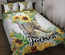 Personalized Cowboy Quilt Bedding Set, Cowboy Cowgirl Boots Sunflower Floral White Quilt Blanket With Pillowcases, Custom Name Duvet Cover Set