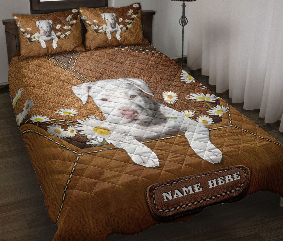 Personalized Labrador Retriever Quilt Bedding Set, White Labrador Retriever Lab Dog Daisy Flower Quilt Blanket With Pillowcases, Duvet Cover Set