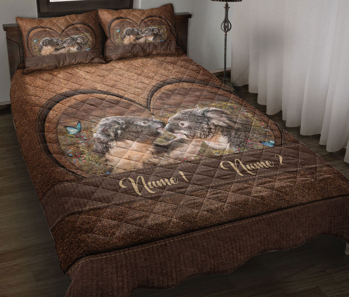 Personalized Koala Quilt Bedding Set, Koala Couples Couples Husband Wife Quilt Blanket With Pillowcases, Custom Name Duvet Cover Set