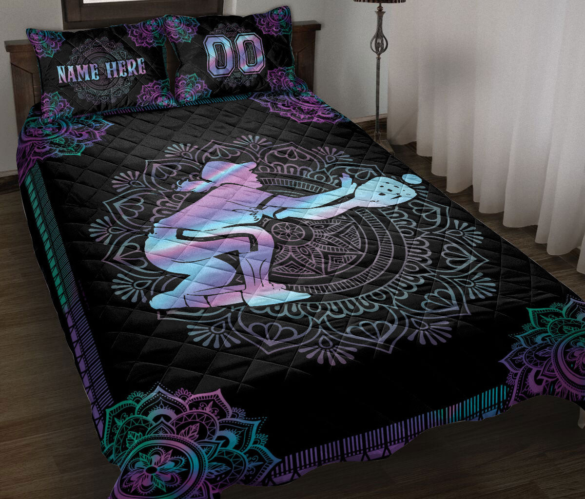 Personalized Softball Quilt Bedding Set, Hologram Mandala Softball Girl Catcher Quilt Blanket With Pillowcases, Duvet Cover Set