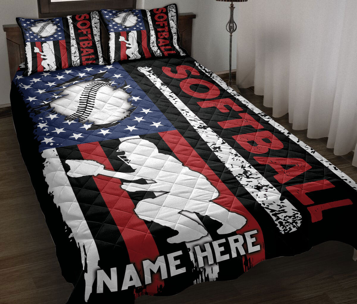 Personalized Softball Quilt Bedding Set, Softball Catcher Player US Flag Usa Quilt Blanket With Pillowcases, Custom Name Duvet Cover Set