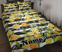 Personalized Fruit Quilt Bedding Set, Orange Lemon Fruit Seamless Tropical Quilt Blanket With Pillowcases, Custom Name Duvet Cover Set