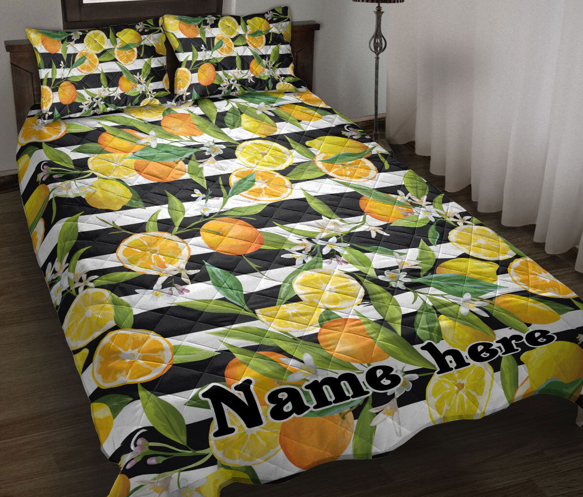 Personalized Fruit Quilt Bedding Set, Orange Lemon Fruit Seamless Tropical Quilt Blanket With Pillowcases, Custom Name Duvet Cover Set