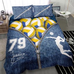 Personalized Volleyball Quilt Bedding Set, Volleyball Girl Ball Zip Jean Blue Quilt Blanket With Pillowcases, Duvet Cover Set