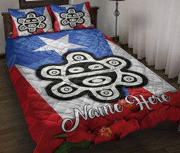 Personalized Puerto Rico Quilt Bedding Set, Sol Taino Puerto Rico Flag Puerto Rican Flower Quilt Blanket With Pillowcases, Duvet Cover Set
