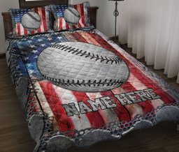 Personalized Baseball Quilt Bedding Set, Baseball Ball US Flag Crack Quilt Blanket With Pillowcases, Custom Name Duvet Cover Set, Sports Gifts