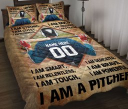 Personalized Baseball Quilt Bedding Set, Baseball I Am Strong I Am A Pitcher Quilt Blanket With Pillowcases, Duvet Cover Set
