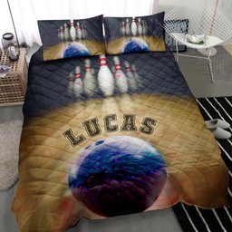 Personalized Bowling Quilt Bedding Set, Bowling Ball Bowler Quilt Blanket With Pillowcases, Custom Name Duvet Cover Set