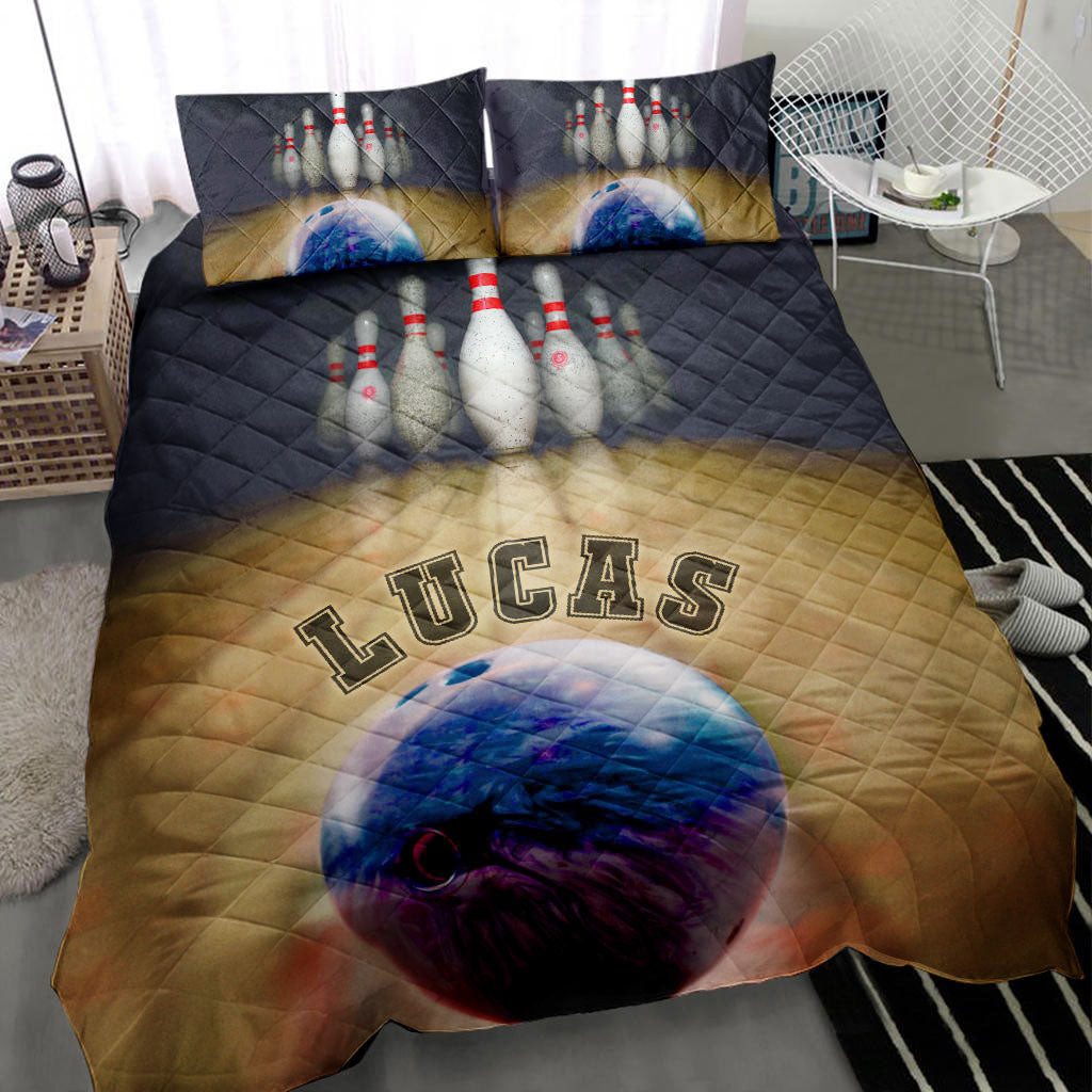 Personalized Bowling Quilt Bedding Set, Bowling Ball Bowler Quilt Blanket With Pillowcases, Custom Name Duvet Cover Set