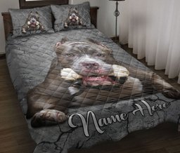 Personalized Bulldog Quilt Bedding Set, Bulldog Dog Crack Gray Sliver Quilt Blanket With Pillowcases, Custom Name Duvet Cover Set