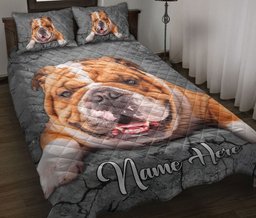 Personalized Bulldog Quilt Bedding Set, Bulldog Dog Crack Gray Sliver Quilt Blanket With Pillowcases, Custom Name Duvet Cover Set