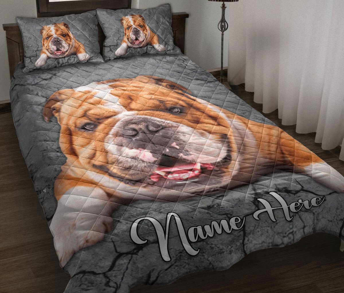 Personalized Bulldog Quilt Bedding Set, Bulldog Dog Crack Gray Sliver Quilt Blanket With Pillowcases, Custom Name Duvet Cover Set