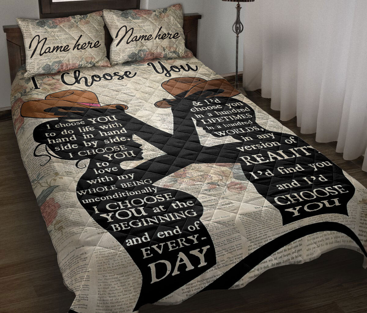 Personalized Cowboy Quilt Bedding Set, I Choose You Cowboy Cowgirl Couple Beige Valentine Quilt Blanket With Pillowcases, Duvet Cover Set