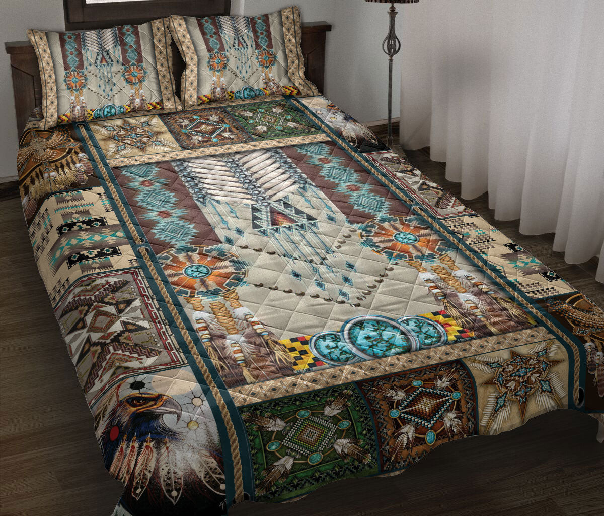 Personalized Native American Quilt Bedding Set, Turquoise Dragonfly I Love You To The Moon And Back Quilt Blanket With Pillowcases, Duvet Cover Set