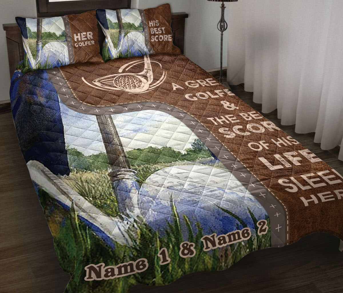 Personalized Golf Quilt Bedding Set, Great Golfer & The Best Score Of His Sleep Here Quilt Blanket With Pillowcases, Custom Name Duvet Cover Set