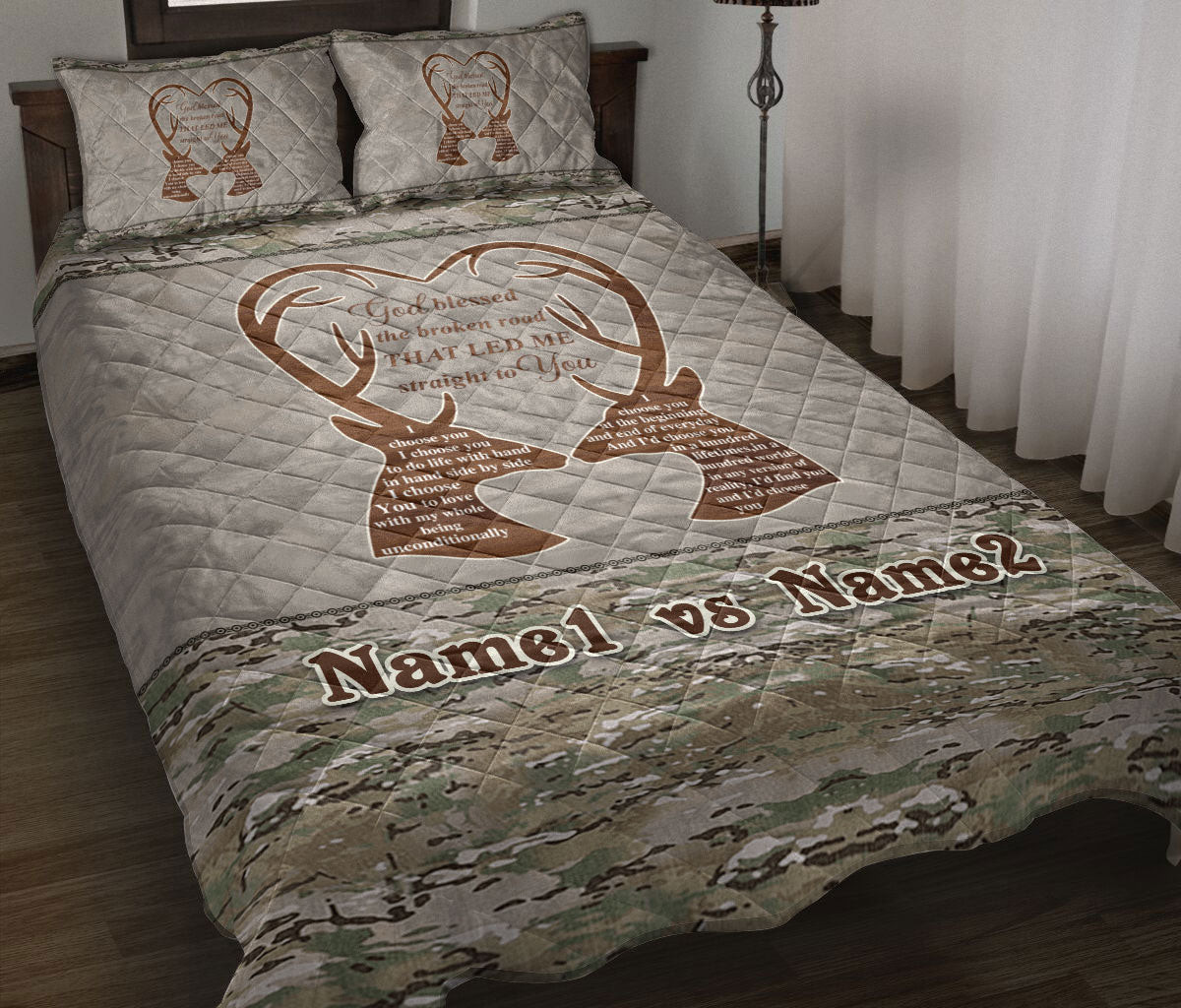 Personalized Hunting Quilt Bedding Set, Buck Doe Deer Couple I Choose You Deer Hunting Deer Quilt Blanket With Pillowcases, Duvet Cover Set