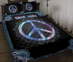 Personalized Hippie Quilt Bedding Set, Hippie Peace Sign Mandala Quilt Blanket With Pillowcases, Custom Name Duvet Cover Set
