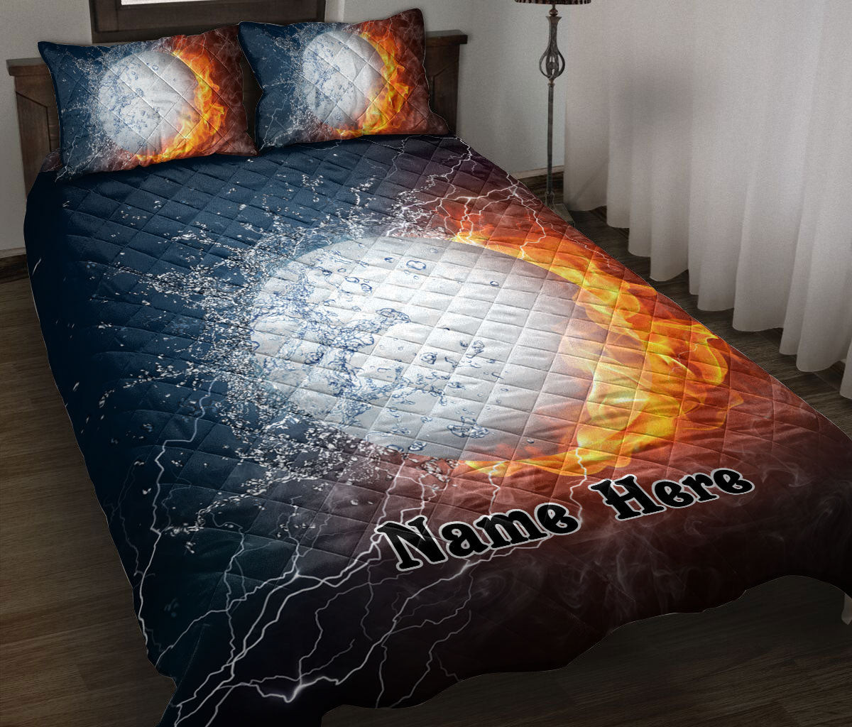 Personalized Golf Quilt Bedding Set, Golf White Ball Fire & Water Quilt Blanket With Pillowcases, Custom Name Duvet Cover Set