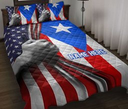 Personalized Puerto Rico Quilt Bedding Set, Puerto Rico Flag Striped Star American US Flag Quilt Blanket With Pillowcases, Duvet Cover Set