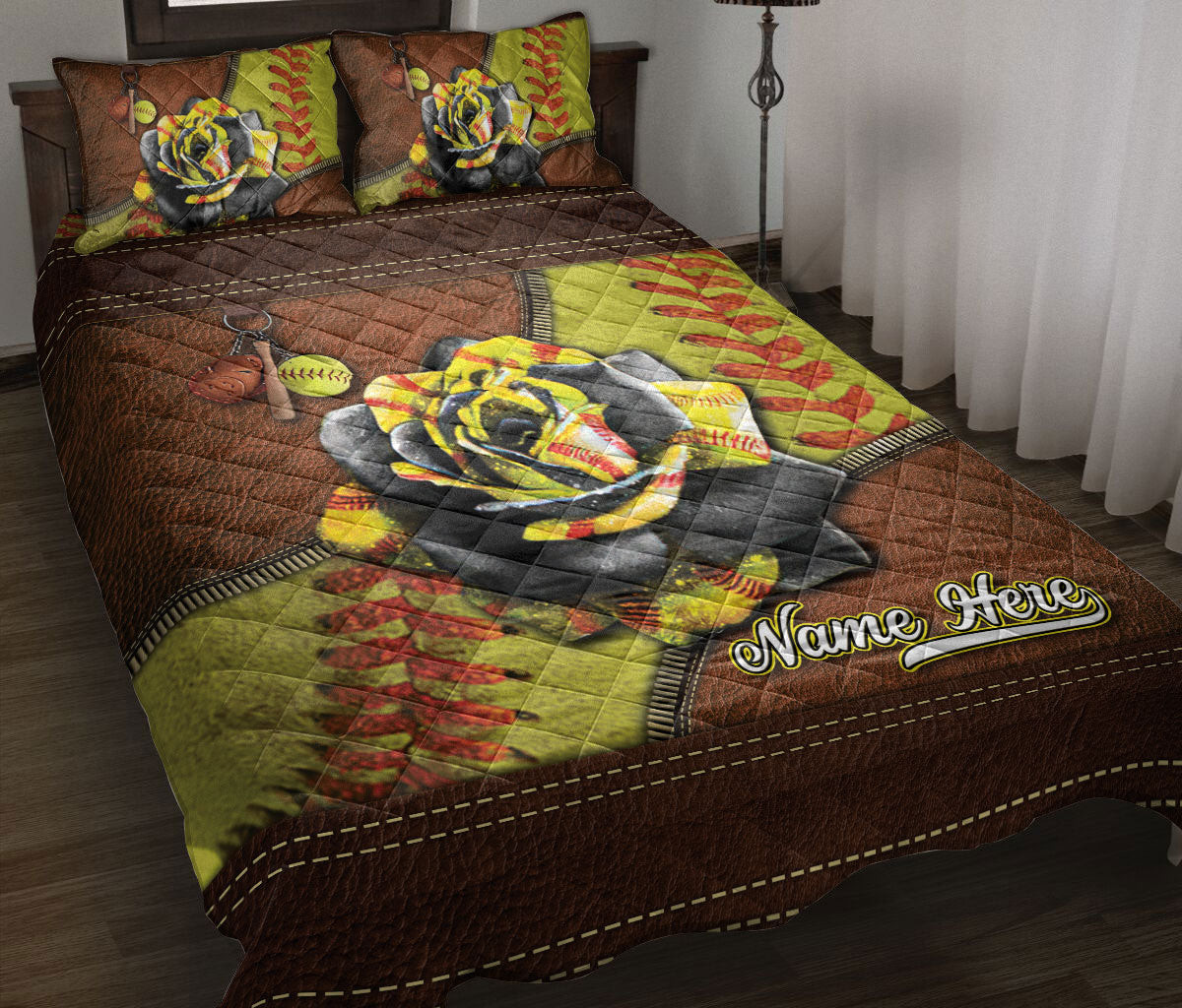 Personalized Softball Quilt Bedding Set, Softball Rose Yellow Ball Floral Quilt Blanket With Pillowcases, Custom Name Duvet Cover Set