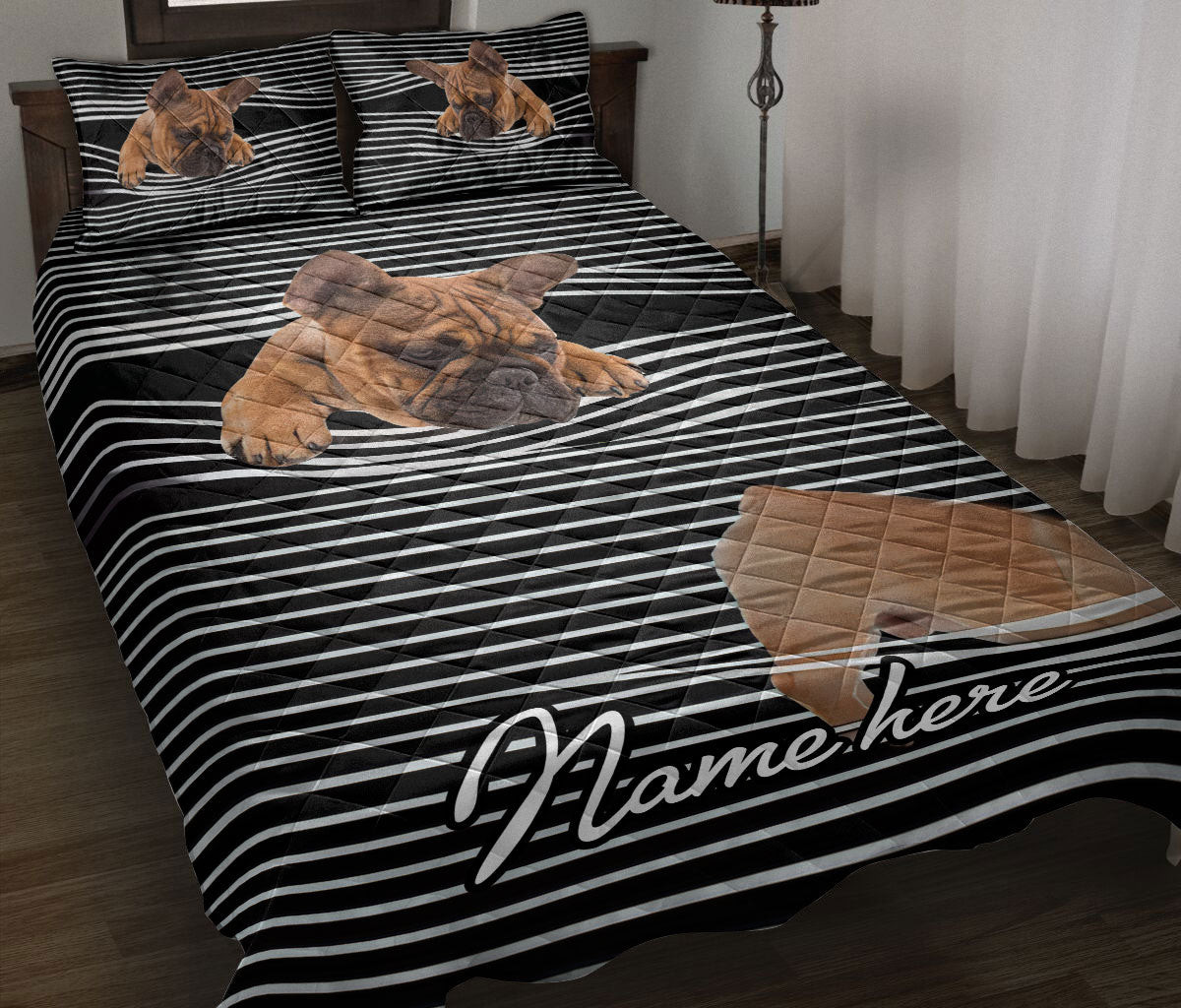 Personalized Bulldog Quilt Bedding Set, French Bulldog Striped Black Dog Quilt Blanket With Pillowcases, Custom Name Duvet Cover Set