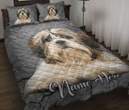 Personalized Shih Tzu Quilt Bedding Set, Shih Tzu Dog Crack Gray Sliver Quilt Blanket With Pillowcases, Custom Name Duvet Cover Set