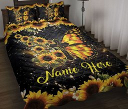 Personalized Quilt Bedding Set, Faith JesusButterfly Sunflowerian Quilt Blanket With Pillowcases, Custom Name Duvet Cover Set