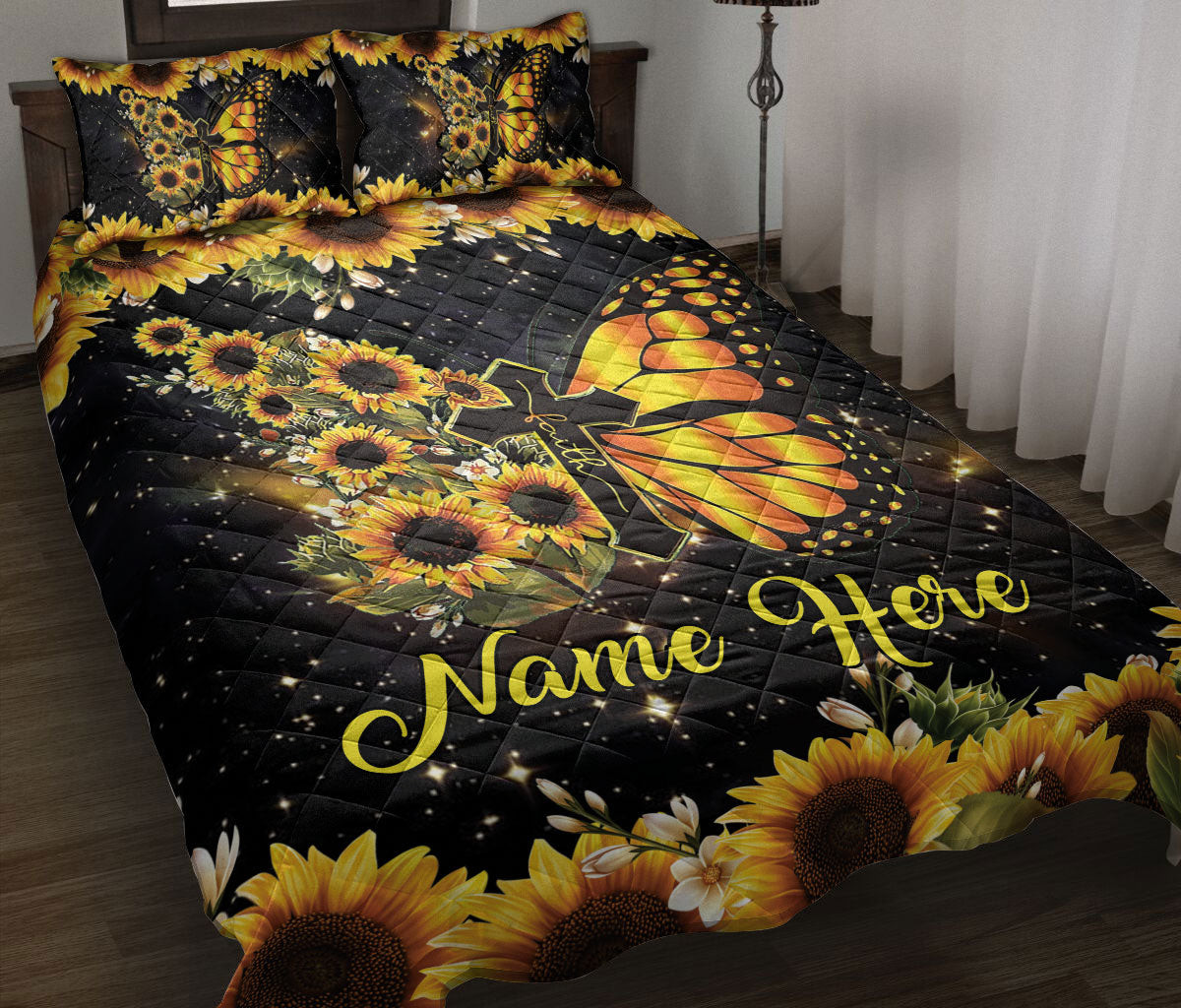 Personalized Quilt Bedding Set, Faith JesusButterfly Sunflowerian Quilt Blanket With Pillowcases, Custom Name Duvet Cover Set