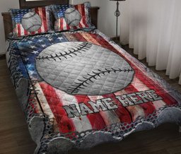 Personalized Baseball Quilt Bedding Set, Softball Ball US Flag Crack Quilt Blanket With Pillowcases, Custom Name Duvet Cover Set, Sports Gifts