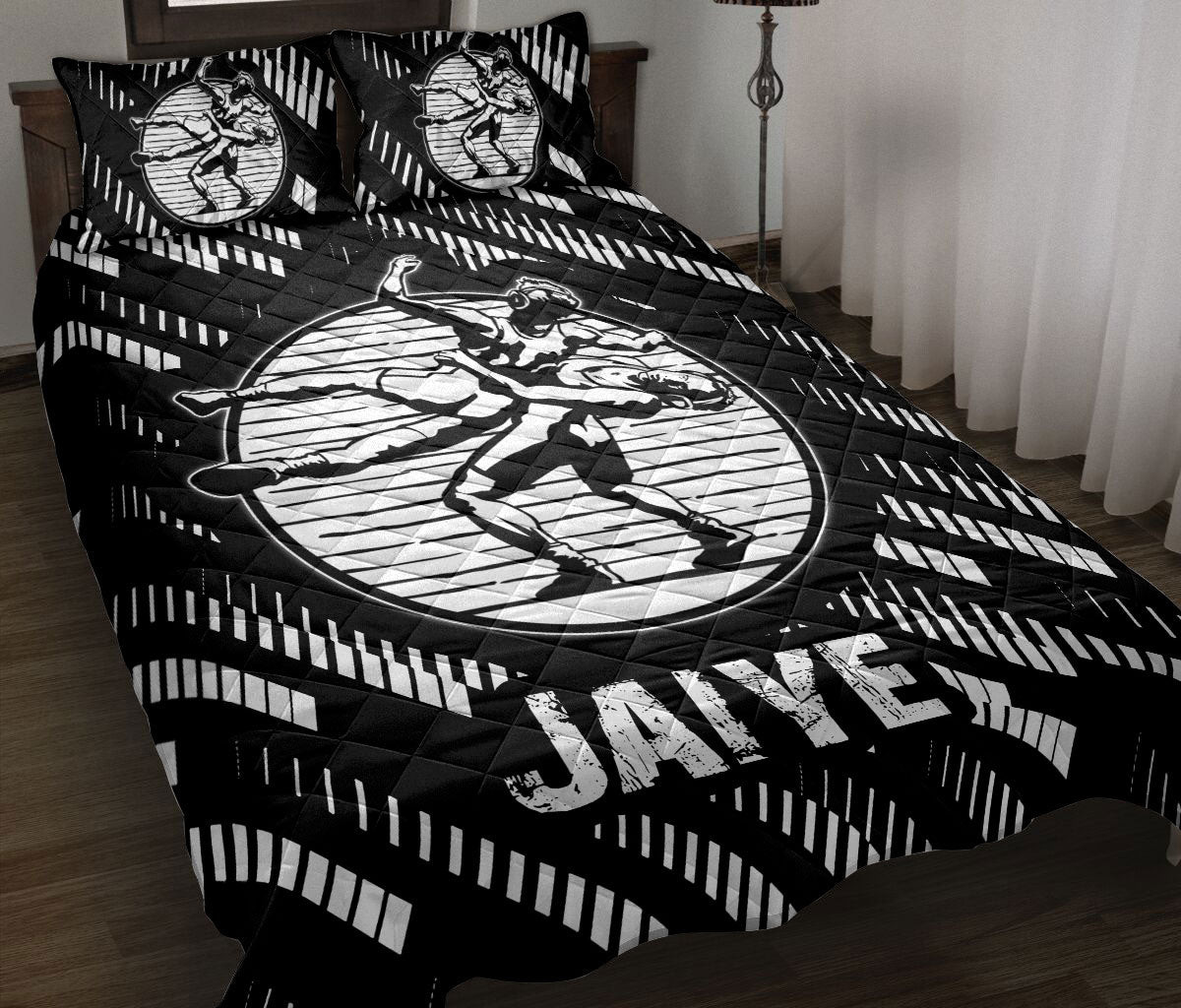 Personalized Wrestling Quilt Bedding Set, Wrestling Abstract Wrestler Quilt Blanket With Pillowcases, Custom Name Duvet Cover Set