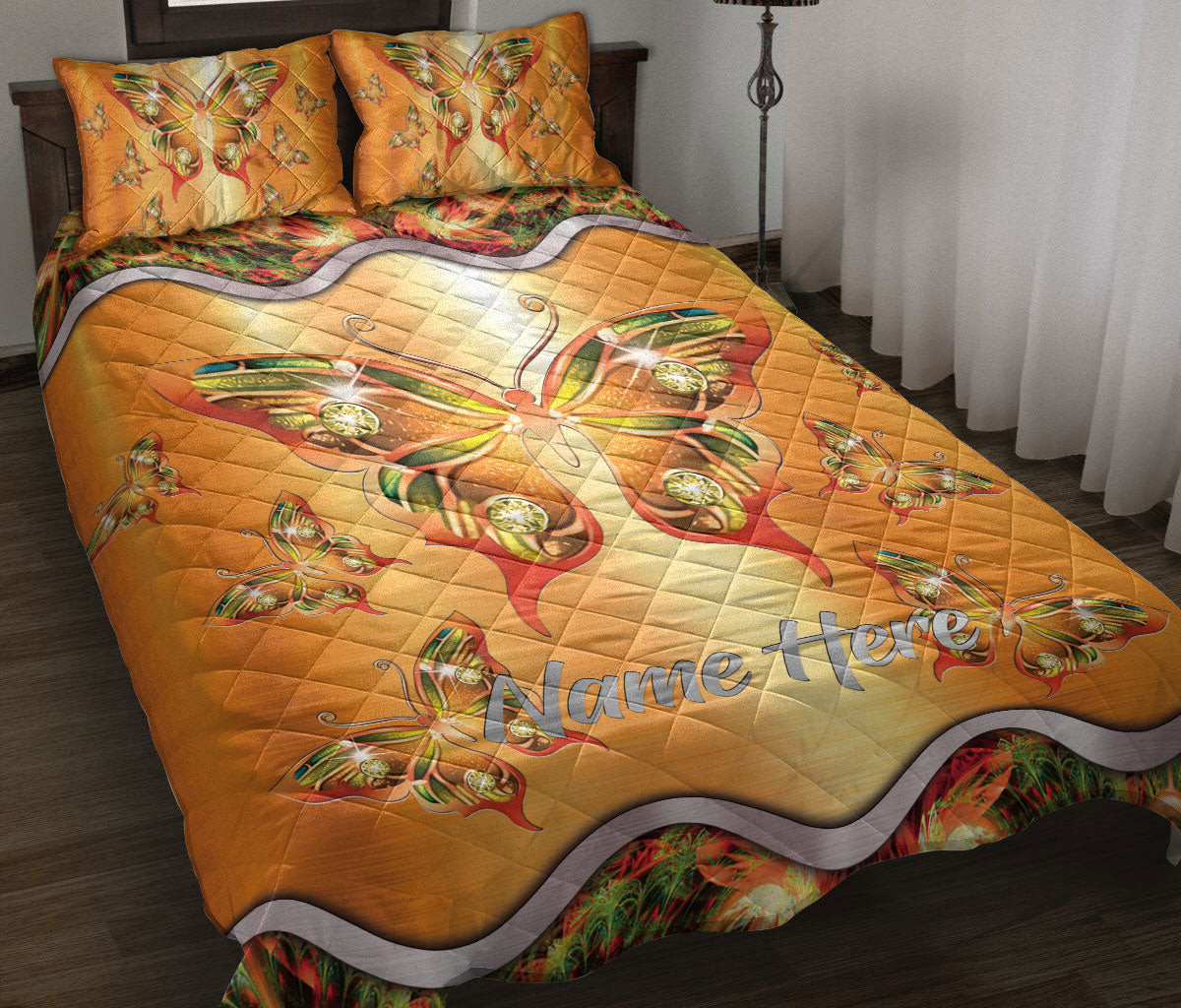 Personalized Butterfly Quilt Bedding Set, Butterfly Butterflies Floral Quilt Blanket With Pillowcases, Custom Name Duvet Cover Set