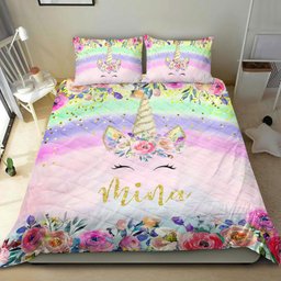 Personalized Unicorn Quilt Bedding Set, Floral Unicorn Girl Flower Rainbow Pink Quilt Blanket With Pillowcases, Custom Name Duvet Cover Set