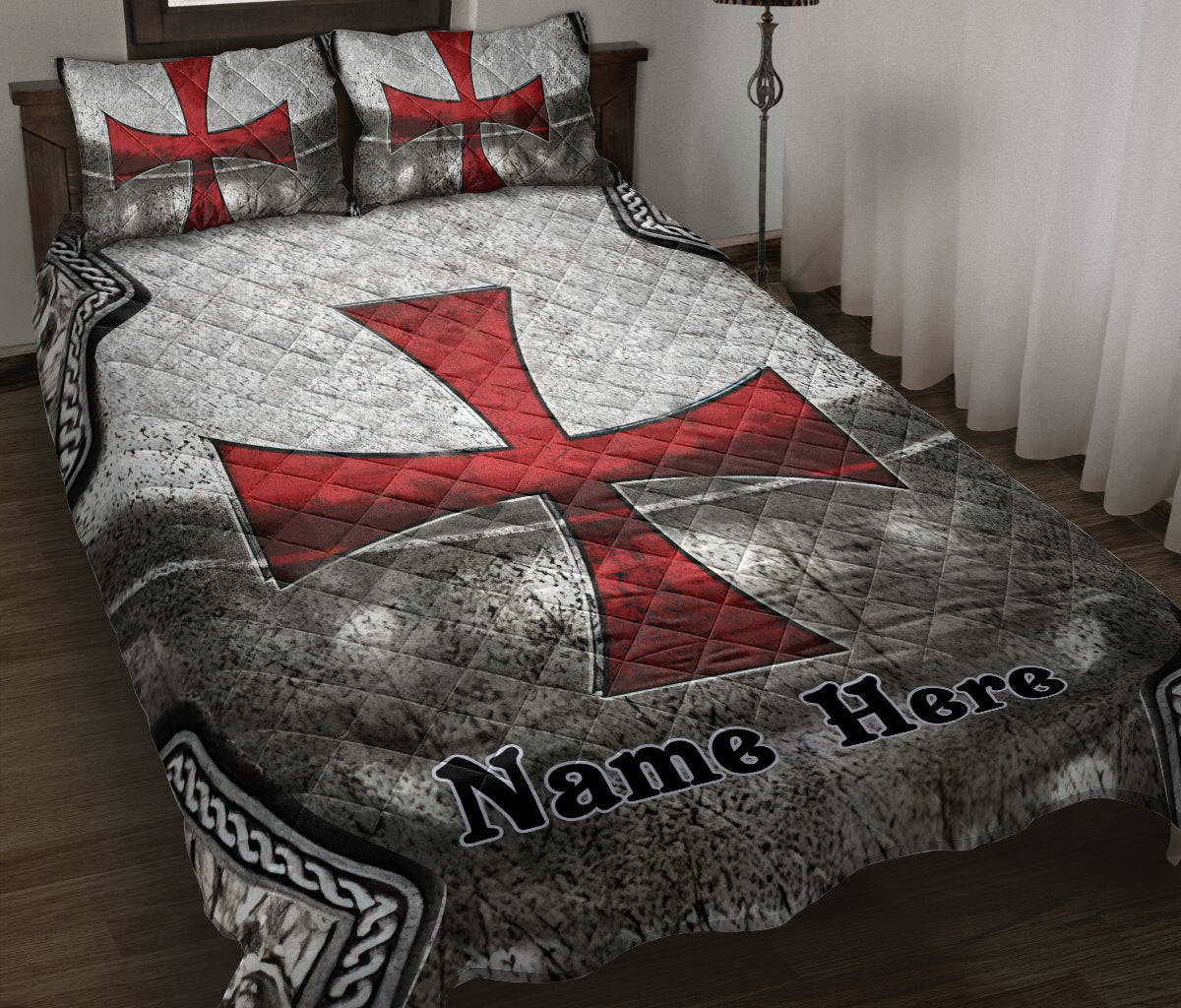 Personalized Quilt Bedding Set, Knights Templar Armor Shield Quilt Blanket With Pillowcases, Custom Name Duvet Cover Set