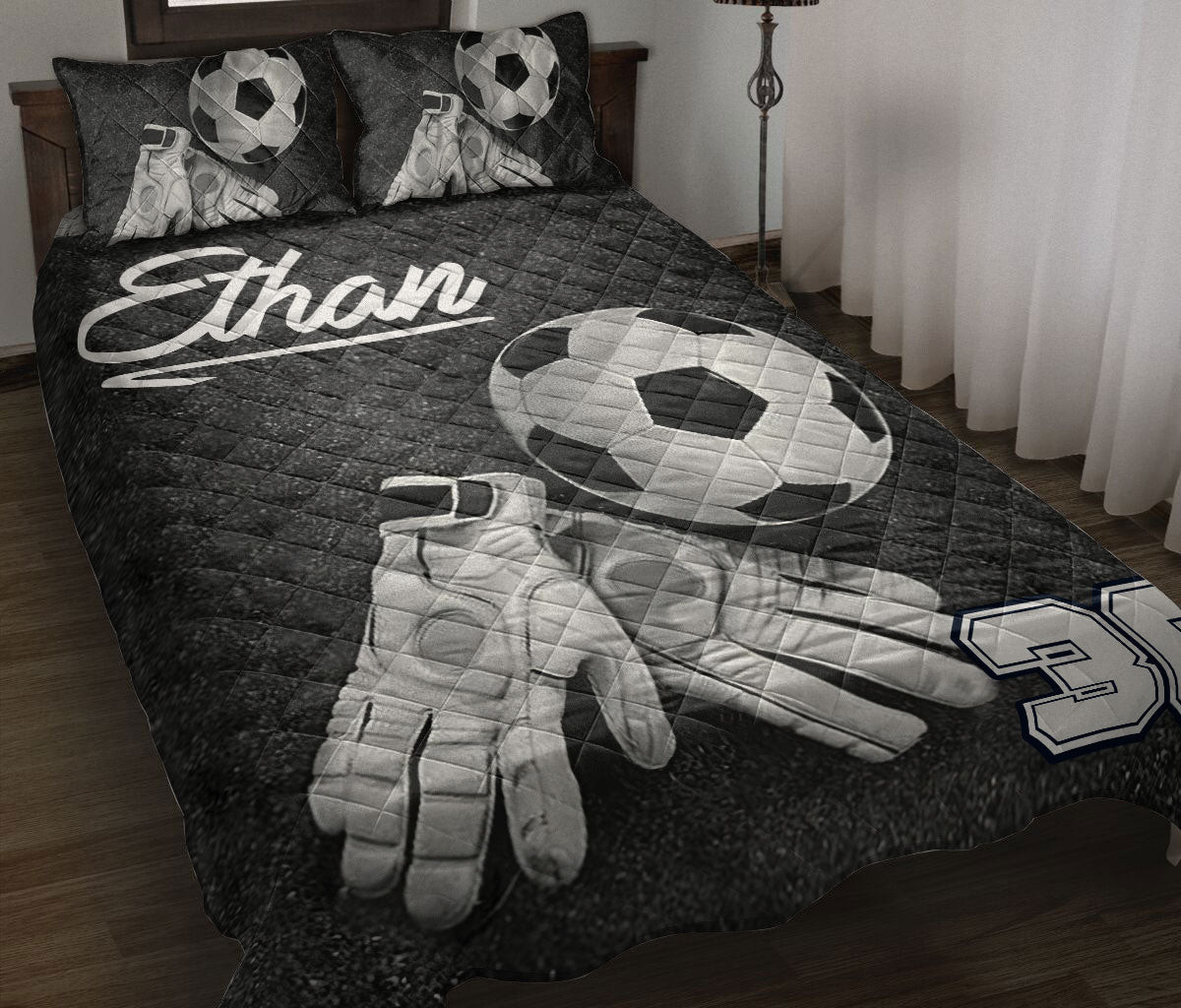 Personalized Soccer Quilt Bedding Set, Soccer Goalkeeper Gloves Quilt Blanket With Pillowcases, Custom Name Duvet Cover Set