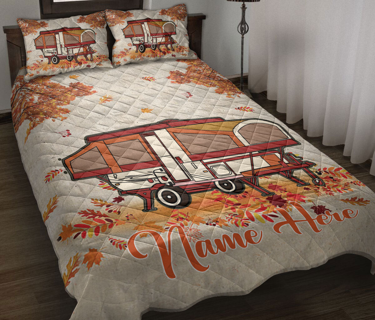 Personalized Camping Quilt Bedding Set, Fall Camping Camper Popup Rvs Quilt Blanket With Pillowcases, Custom Name Duvet Cover Set