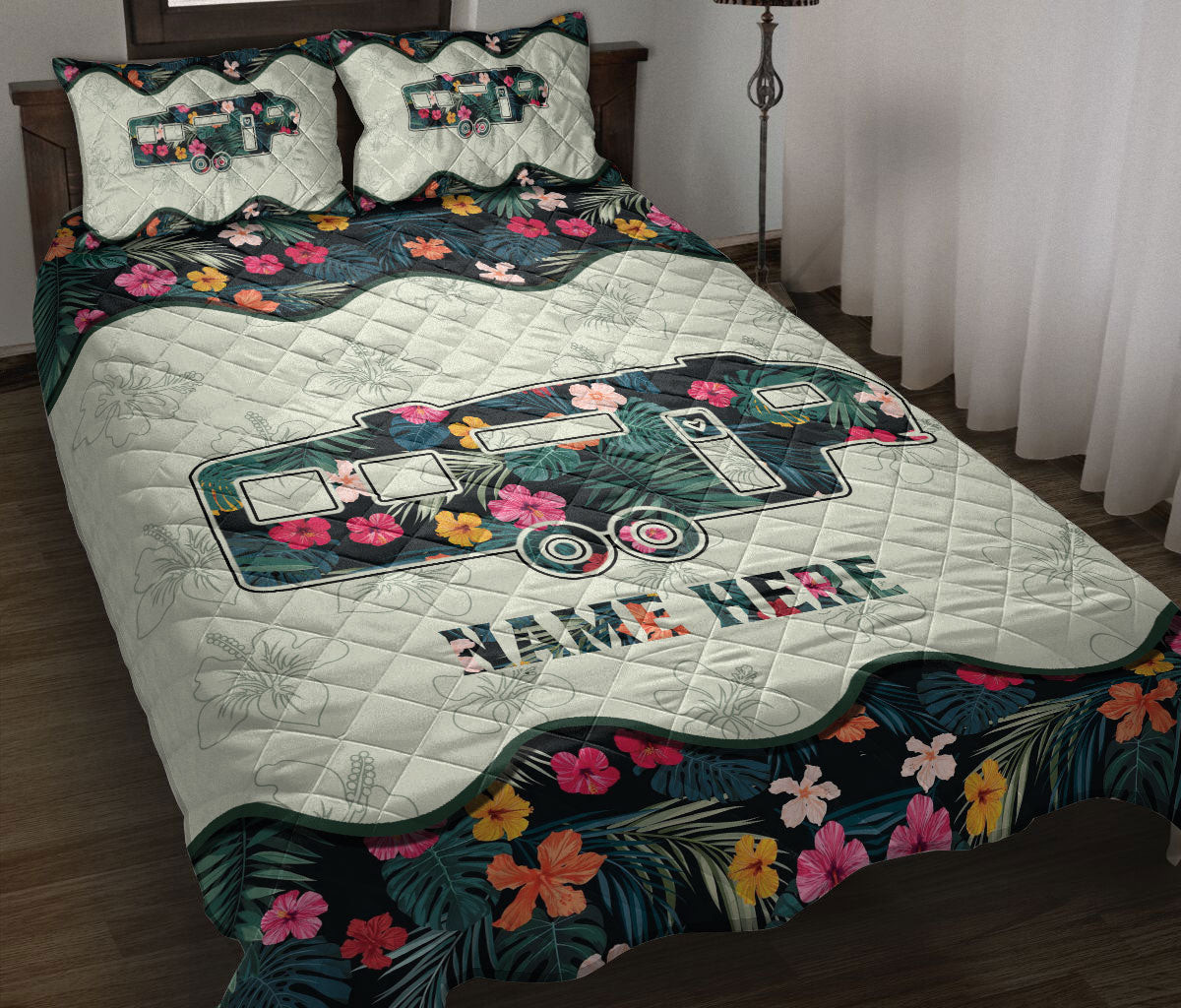 Personalized Camping Quilt Bedding Set, Camper Travel Trailer Flower Camping Quilt Blanket With Pillowcases, Custom Name Duvet Cover Set
