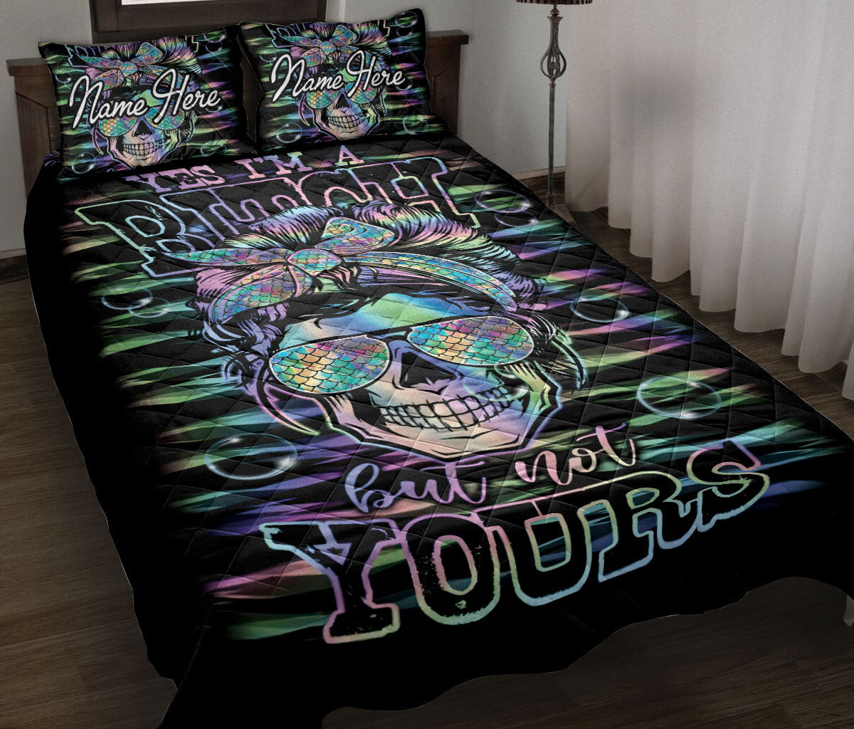 Personalized Skull Quilt Bedding Set, Skull And Mermaid Quilt Blanket With Pillowcases, Custom Name Duvet Cover Set