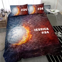 Personalized Volleyball Quilt Bedding Set, Volleyball Ball Thunder Blue Red Quilt Blanket With Pillowcases, Duvet Cover Set