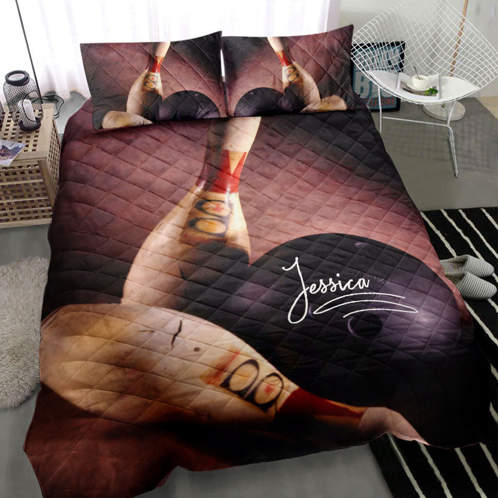 Personalized Bowling Quilt Bedding Set, Bowling Pin Ball Quilt Blanket With Pillowcases, Custom Name Duvet Cover Set