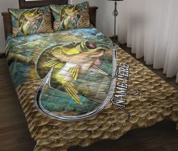 Personalized Fishing Quilt Bedding Set, Fishing Big Bass Fish Hook Quilt Blanket With Pillowcases, Custom Name Duvet Cover Set