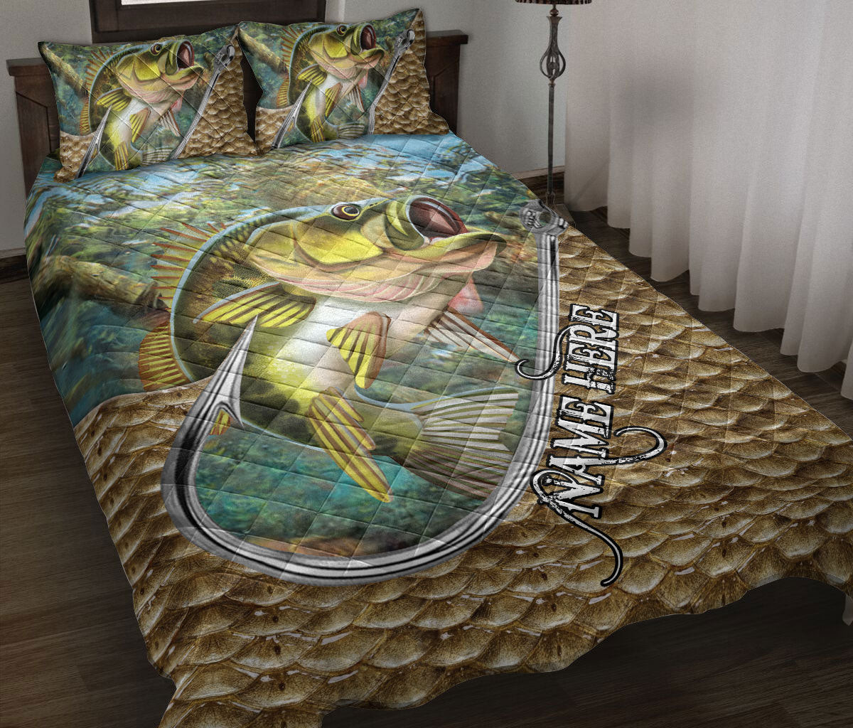 Personalized Fishing Quilt Bedding Set, Fishing Big Bass Fish Hook Quilt Blanket With Pillowcases, Custom Name Duvet Cover Set