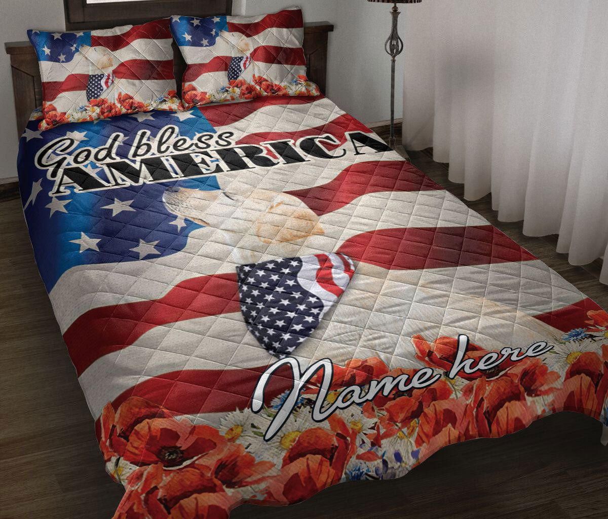 Personalized Labrador Retriever Quilt Bedding Set, Labrador Patriotic Dog God Bless US Flag Quilt Blanket With Pillowcases, Duvet Cover Set