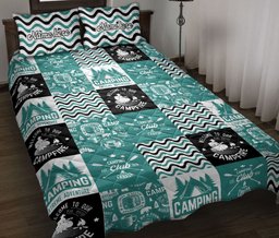 Personalized Camping Quilt Bedding Set, Camping Camper Patchworks Blue Black White Quilt Blanket With Pillowcases, Custom Name Duvet Cover Set