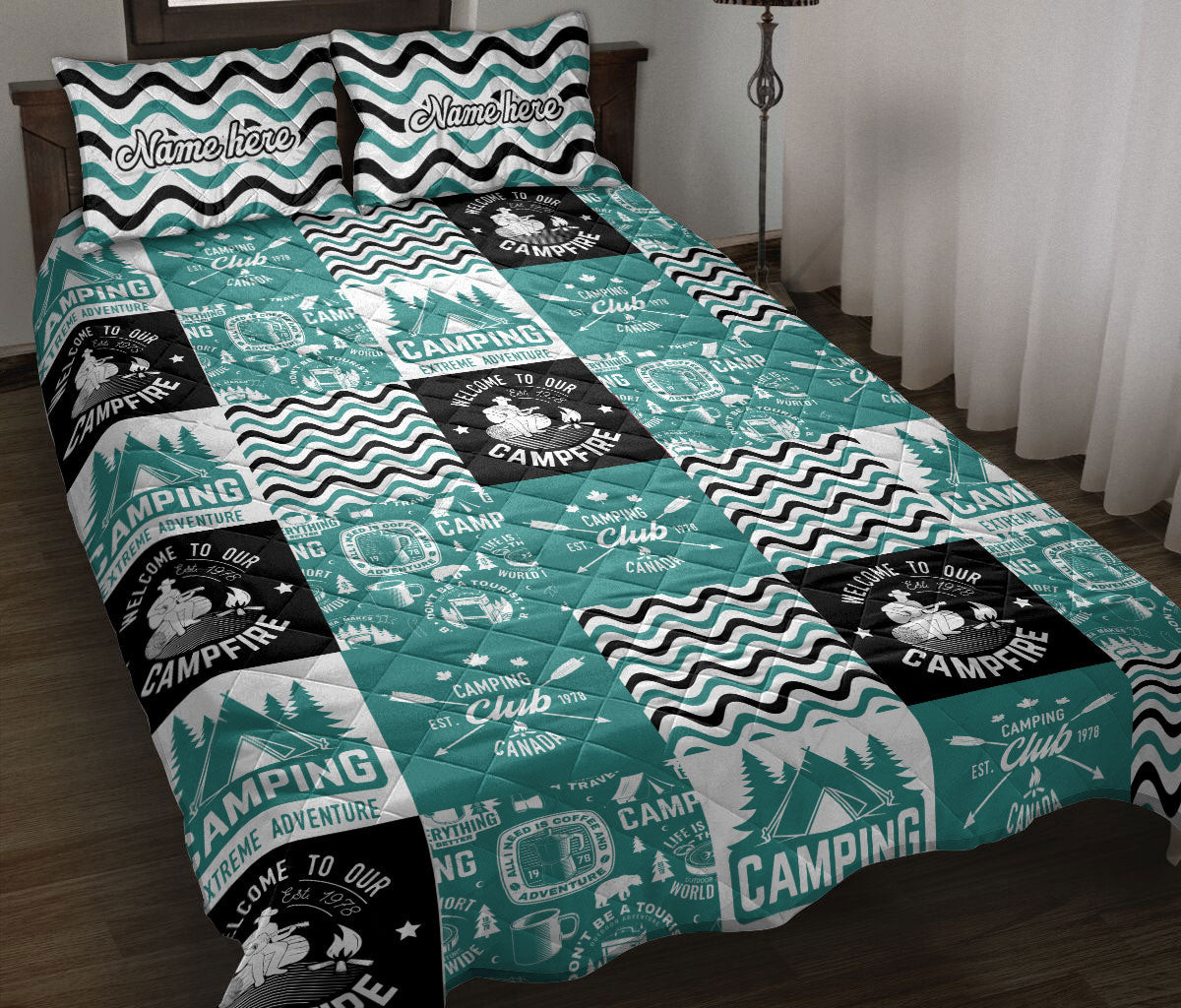 Personalized Camping Quilt Bedding Set, Camping Camper Patchworks Blue Black White Quilt Blanket With Pillowcases, Custom Name Duvet Cover Set