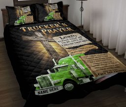 Personalized Trucker Quilt Bedding Set, Trucker'S Prayer Green Truck Truck Driver Quilt Blanket With Pillowcases, Custom Name Duvet Cover Set