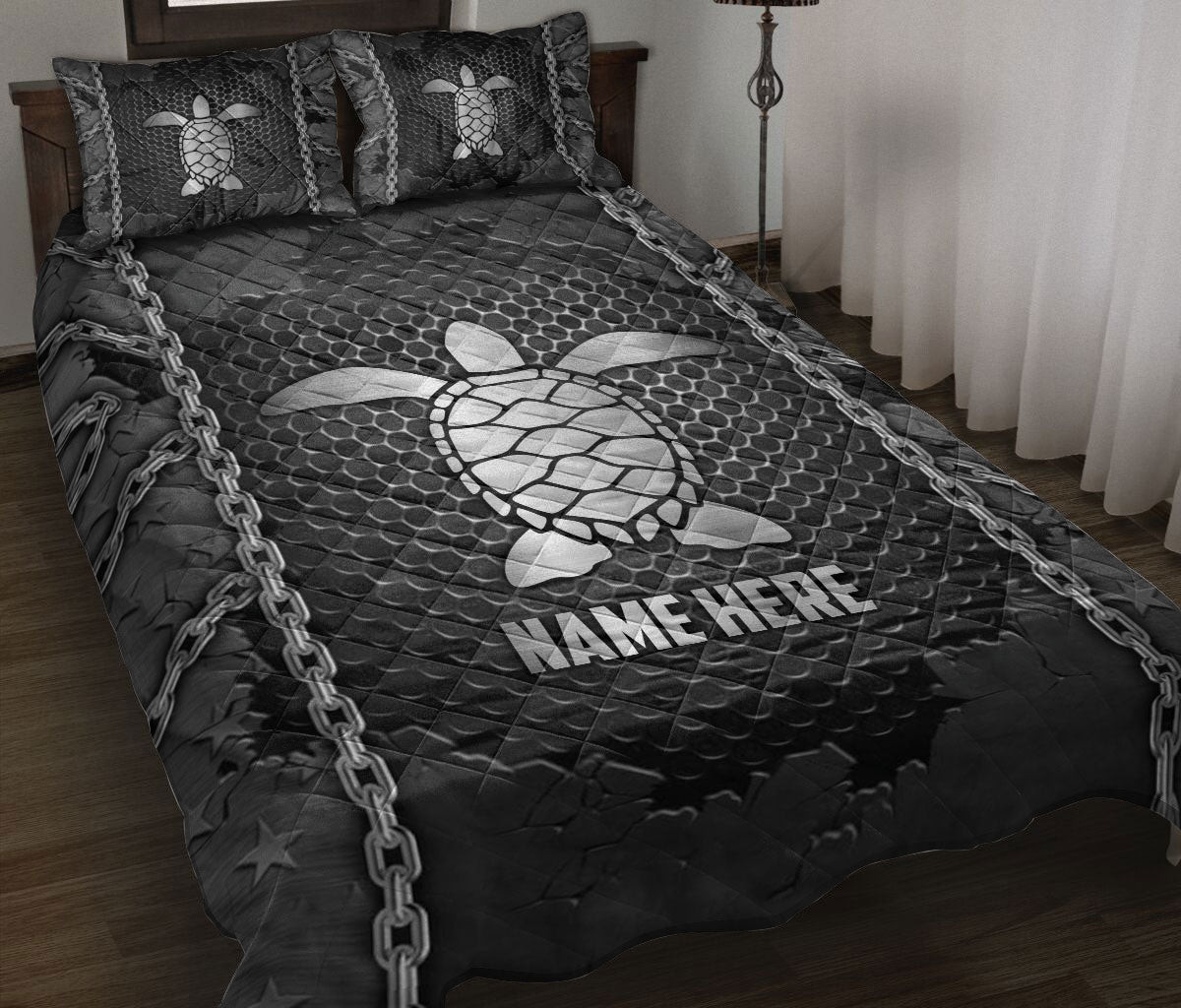 Personalized Turtle Quilt Bedding Set, Turtle Iron Chains Quilt Blanket With Pillowcases, Custom Name Duvet Cover Set