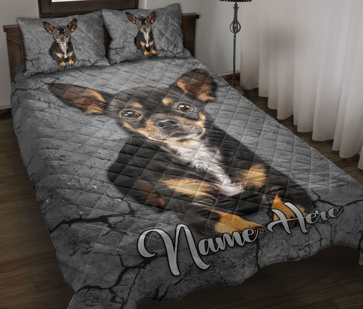 Personalized Chihuahua Quilt Bedding Set, Chihuahua Dog Crack Gray Sliver Quilt Blanket With Pillowcases, Custom Name Duvet Cover Set
