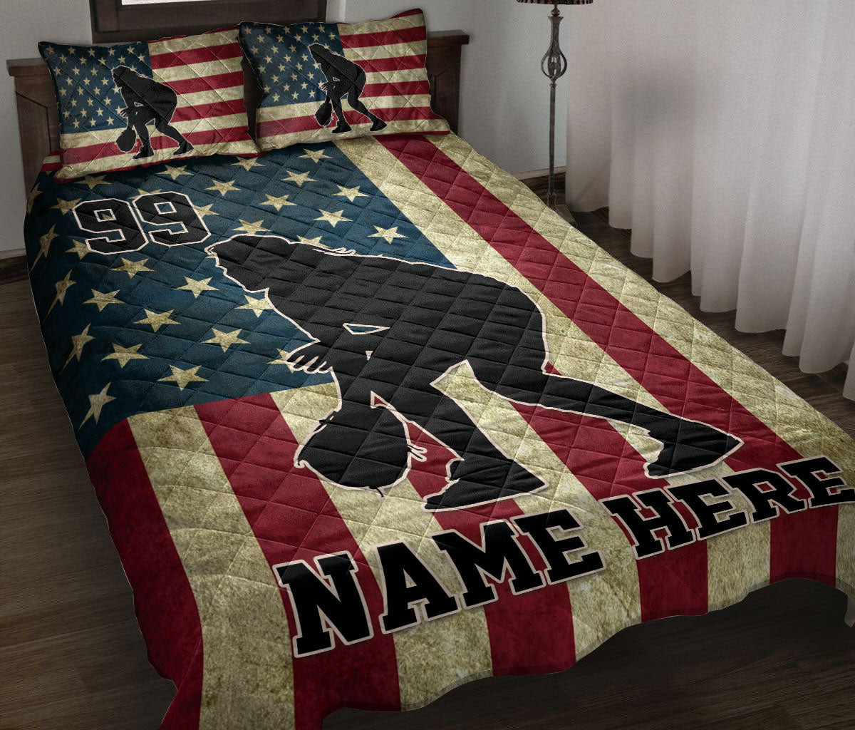 Personalized Softball Quilt Bedding Set, Softball Player Catcher US Flag Quilt Blanket With Pillowcases, Custom Name Duvet Cover Set
