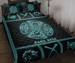 Personalized Baseball Quilt Bedding Set, Baseball Softball Blue Patchwork Quilt Blanket With Pillowcases, Custom Name Duvet Cover Set, Sports Gifts