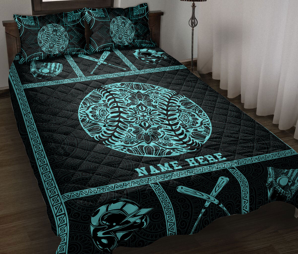 Personalized Baseball Quilt Bedding Set, Baseball Softball Blue Patchwork Quilt Blanket With Pillowcases, Custom Name Duvet Cover Set, Sports Gifts